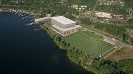 5K aerial stock footage of athletic center and sports fields by the shore of Lake Washington in Renton, Washington Aerial Stock Footage | AX48_004