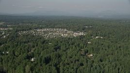 5K aerial stock footage fly over lush green trees to approach a small residential neighborhood, Sammamish, Washington Aerial Stock Footage | AX48_022