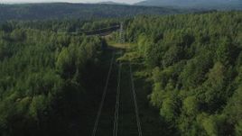 5K aerial stock footage of following power lines through a forest past a small clear cut area, King County, Washington Aerial Stock Footage | AX49_012