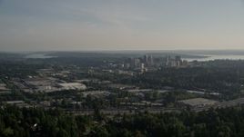 5K aerial stock footage approach Downtown Bellevue, Washington, from warehouse building northeast of the city Aerial Stock Footage | AX49_047E