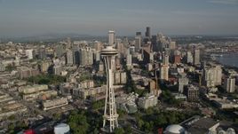 5K aerial stock footage of orbiting the Space Needle to reveal Downtown Seattle skyscrapers and high-rises, Washington Aerial Stock Footage | AX49_062E
