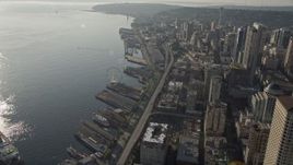 Orbit the Seattle Great Wheel, with a view of the Alaskan Way Viaduct and the Seattle Aquarium, Central Waterfront, Downtown Seattle, Washington Aerial Stock Footage | AX49_076