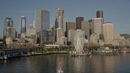 5K aerial stock footage of Seattle Aquarium and Great Wheel on the Central Waterfront, and skyline of Downtown Seattle, Washington Aerial Stock Footage | AX49_081