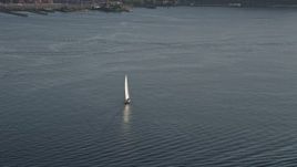 5K aerial stock footage of tracking a sailboat on Elliott Bay, Seattle, Washington Aerial Stock Footage | AX49_092
