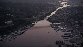 5K aerial stock footage of the Aurora Bridge spanning the Fremont Cut, Lake Union, Seattle, Washington, sunset Aerial Stock Footage | AX50_082E