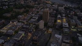 5K aerial stock footage orbit University District office buildings, and tilt to reveal the bridge and Lake Union, Seattle, Washington, twilight Aerial Stock Footage | AX50_085