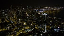 5K aerial stock footage flyby the Space Needle to approach Downtown Seattle skyscrapers, Washington. night Aerial Stock Footage | AX51_067E