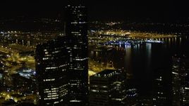 5K aerial stock footage approach Seattle Municipal Tower and Columbia Center in Downtown Seattle, Washington, at night Aerial Stock Footage | AX51_082
