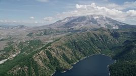 5K aerial stock footage fly over Castle Lake to approach Mount St. Helens, Washington Aerial Stock Footage | AX52_042E