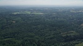 5K aerial stock footage fly over evergreen forest to approach farm fields in La Center, Washington Aerial Stock Footage | AX52_069