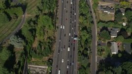 5K aerial stock footage of a bird's eye of heavy highway traffic, Southwest Portland, Oregon Aerial Stock Footage | AX53_010
