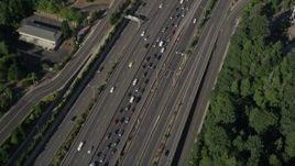 5K aerial stock footage of following heavy highway traffic, Southwest Portland, Oregon Aerial Stock Footage | AX53_011