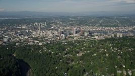 5K aerial stock footage fly over residential area toward city buildings, Downtown Portland, Oregon Aerial Stock Footage | AX53_014