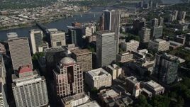 5K aerial stock footage of flying over skyscrapers and track KOIN Center, Downtown Portland, Oregon Aerial Stock Footage | AX53_045