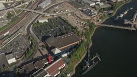 5K aerial stock footage of bird's eye of Oregon Museum of Science and Industry, Southeast Portland, Oregon Aerial Stock Footage | AX53_055