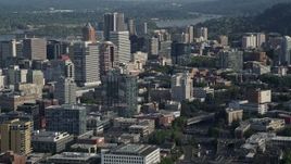 5K aerial stock footage fly by city office buildings and high-rises, Downtown Portland, Oregon Aerial Stock Footage | AX53_084