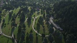 5K aerial stock footage of bird's eye of a cemetery, Sunset Hills Memorial Park, Southwest Portland, Oregon Aerial Stock Footage | AX53_091