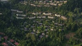 5K aerial stock footage of hillside apartment buildings, Southwest Portland, Oregon, sunset Aerial Stock Footage | AX54_012