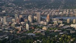 5K aerial stock footage of flying by downtown buildings, Downtown Portland, Oregon, sunset Aerial Stock Footage | AX54_018