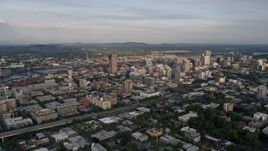 5K aerial stock footage of flying by downtown buildings, I-405, Downtown Portland, Oregon, sunset Aerial Stock Footage | AX54_020