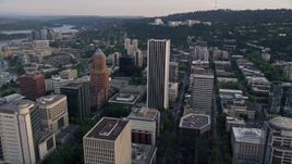 5K aerial stock footage of approaching Oregon Health and Science University, Portland, Oregon, sunset Aerial Stock Footage | AX54_050