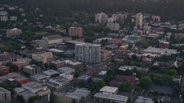 5K aerial stock footage approach condo complex and Providence Park, formerly Jeld-Wen Field, Downtown Portland, Oregon, sunset Aerial Stock Footage | AX54_077