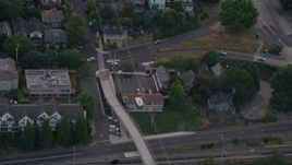 5K aerial stock footage of tracking gondola over I-5, Oregon Health and Science University, Portland, Oregon, twilight Aerial Stock Footage | AX54_094