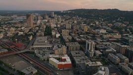 5K aerial stock footage of flying by Downtown Portland, Oregon, twilight Aerial Stock Footage | AX54_100