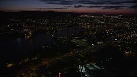 5K aerial stock footage of flying over Marquam Bridge, approaching Downtown Portland, Oregon, twilight Aerial Stock Footage | AX55_043E