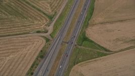 5K aerial stock footage of bird's eye view of light traffic traveling on Highway 26, Banks, Oregon Aerial Stock Footage | AX56_010E