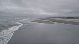 5K aerial stock footage of waves rolling into an empty beach, and seagulls taking flight in Long Beach, Washington Aerial Stock Footage | AX56_142