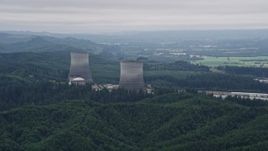 5K aerial stock footage of two cooling towers at the Satsop Nuclear Power Plant, Satsop, Washington Aerial Stock Footage | AX57_012E