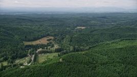 5K aerial stock footage of a country road and rural homes surrounded by evergreen forest in Grays Harbor County, Washington Aerial Stock Footage | AX57_024