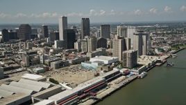 5K aerial stock footage of Downtown New Orleans skyscrapers seen from the Mississippi River, Louisiana Aerial Stock Footage | AX59_013