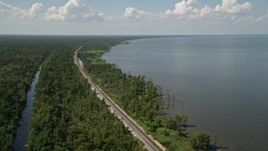 5K aerial stock footage of railroad tracks through swampland on the lakeshore in La Place, Louisiana Aerial Stock Footage | AX60_009