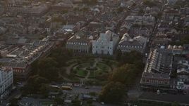 5K aerial stock footage orbit St. Louis Cathedral and Jackson Square at sunset in the French Quarter, New Orleans, Louisiana Aerial Stock Footage | AX61_040E