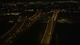 5K aerial stock footage orbit top of Crescent City Connection Bridge at night to reveal Downtown New Orleans, Louisiana Aerial Stock Footage | AX63_015E