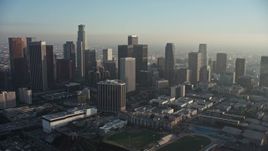 5K aerial stock footage approach skyscrapers, US Bank Tower and Westin Bonaventure Hotel in Downtown Los Angeles, California Aerial Stock Footage | AX64_0084E