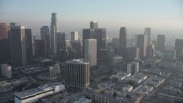 5K aerial stock footage of Downtown Los Angeles skyscrapers and Westin Bonaventure Hotel, California Aerial Stock Footage | AX64_0085