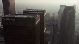 5K aerial stock footage of flying by Downtown Los Angeles skyscrapers, California Aerial Stock Footage | AX64_0087E