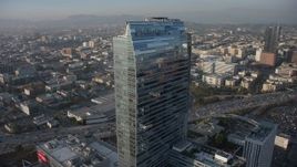5K aerial stock footage of the Ritz-Carlton hotel, reveal Downtown Los Angeles skyscrapers, California Aerial Stock Footage | AX64_0091