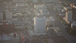 5K aerial stock footage of Capitol Records Building in Hollywood, California, sunset Aerial Stock Footage | AX64_0116