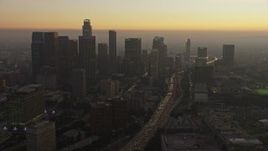 5K aerial stock footage flyby the Downtown Los Angeles skyline at twilight, California Aerial Stock Footage | AX64_0186E