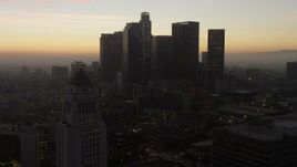 5K aerial stock footage flyby Downtown Los Angeles and City Hall, California, twilight Aerial Stock Footage | AX64_0191