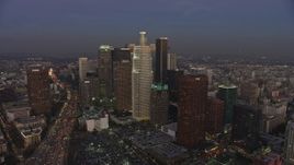 5K aerial stock footage of Staples Center arena and The Ritz-Carlton hotel, reveal Downtown Los Angeles, California, twilight Aerial Stock Footage | AX64_0204E