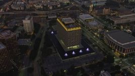 5K aerial stock footage of LADWP office building and concert halls, Downtown Los Angeles, California, twilight Aerial Stock Footage | AX64_0210E