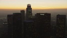 5K aerial stock footage of US Bank Tower and skyscrapers, Downtown Los Angeles, California, twilight Aerial Stock Footage | AX64_0212E