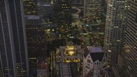 5K aerial stock footage of Los Angeles Public Library in Downtown Los Angeles, California, twilight Aerial Stock Footage | AX64_0215