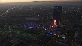5K aerial stock footage of Staples Center arena and The Ritz-Carlton hotel, Downtown Los Angeles, California, twilight Aerial Stock Footage | AX64_0216E