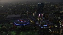 5K aerial stock footage flyby Staples Center arena, Nokia Theater, and The Ritz-Carlton, Downtown Los Angeles, California, twilight Aerial Stock Footage | AX64_0218